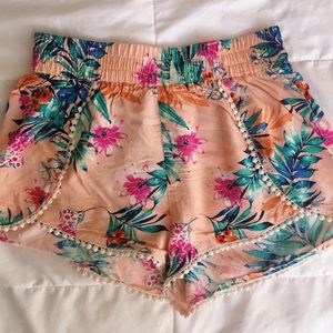 Pink Tropical Floral Print Flowy Shorts
